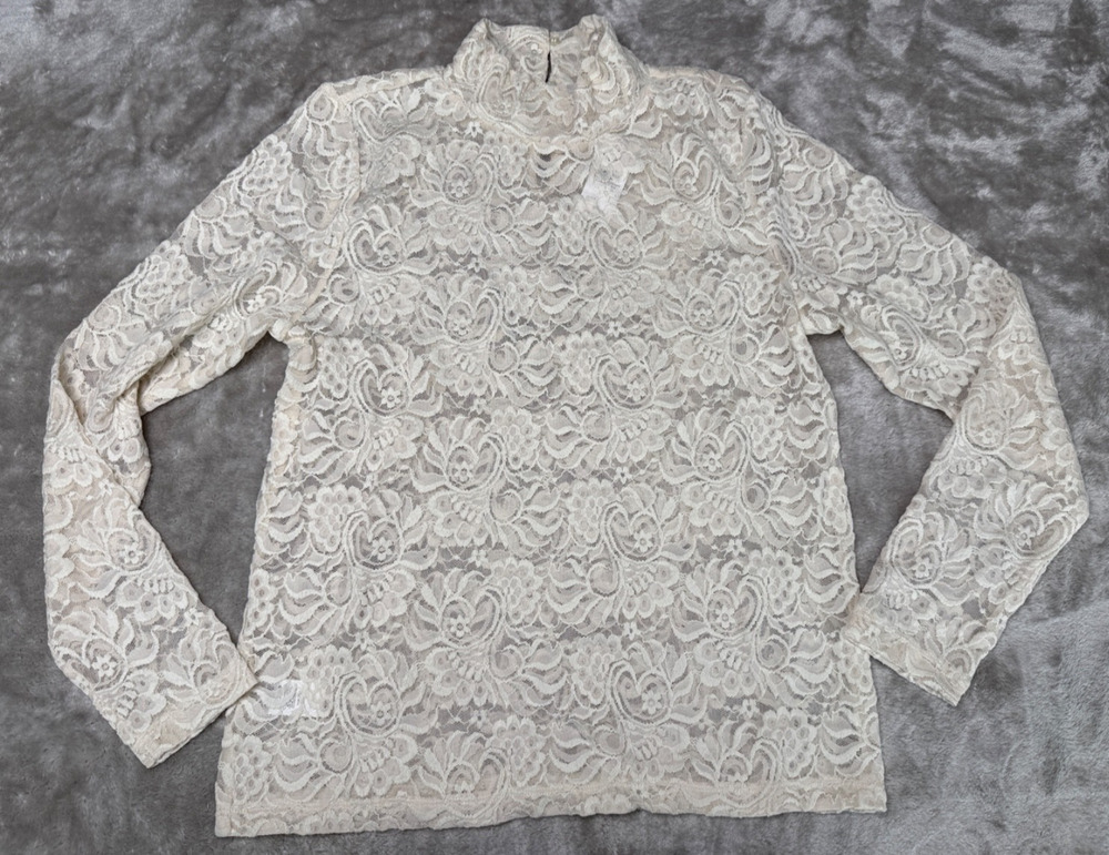 Loft Cream Lace Long Sleeve Turtleneck Top Shirt Womens Size L NWT